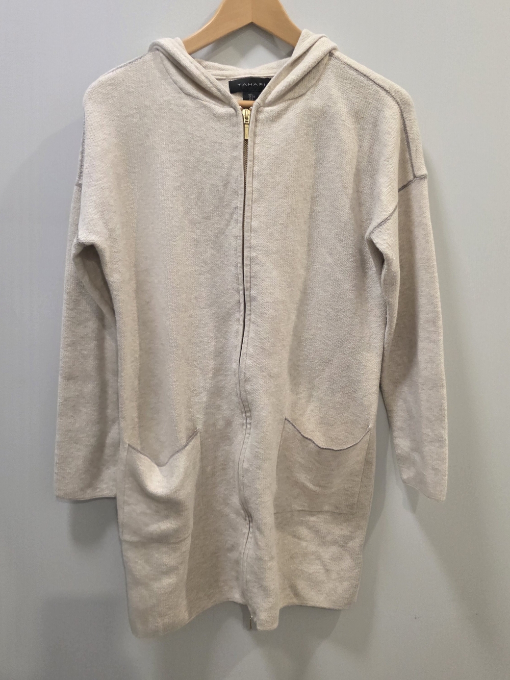 Tahari Oatmeal Longline Hooded Zip Cardigan Sweater Coat Size L